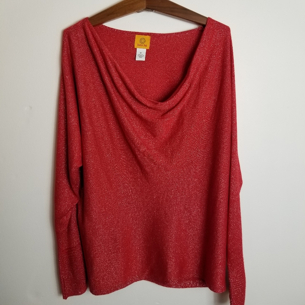 Ruby Rd Paint The Town Red Drape Neck Metallic Long Sleeve Top NWT - Picture 2 of 9